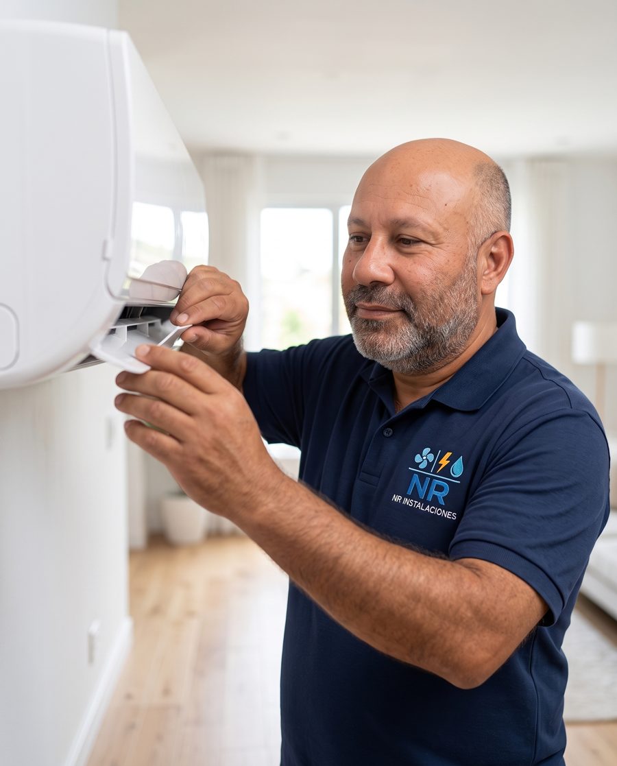 Técnico de NR Instalaciones revisando un aire acondicionado split