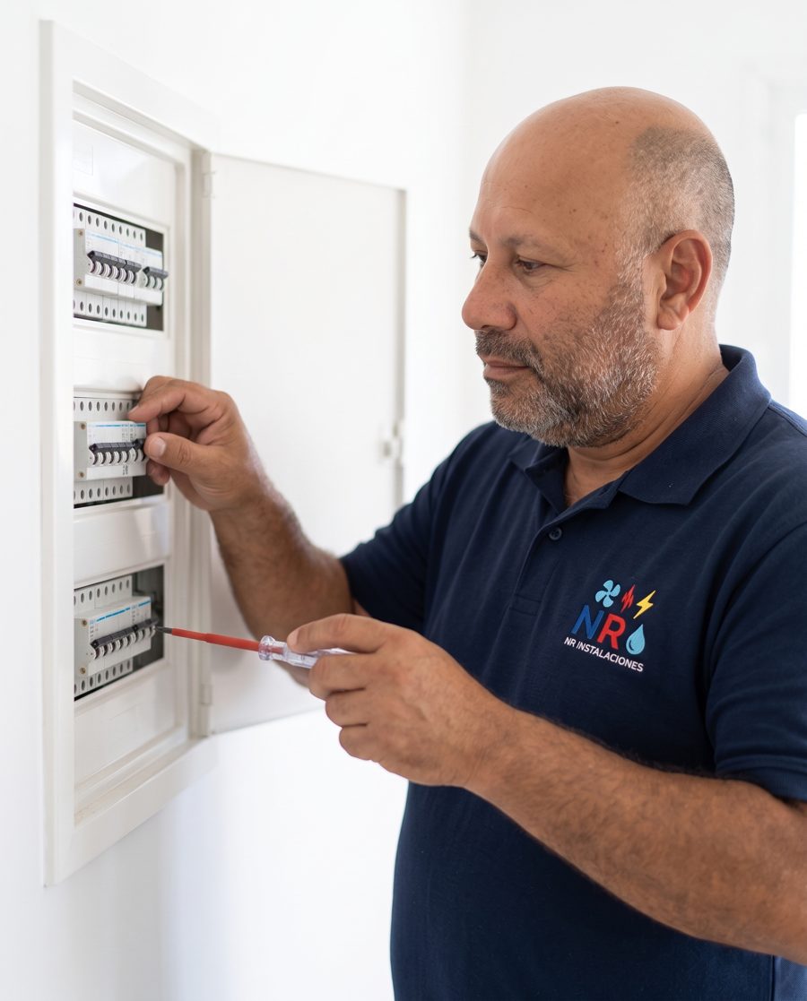 Técnico de NR Instalaciones revisando un cuadro eléctrico