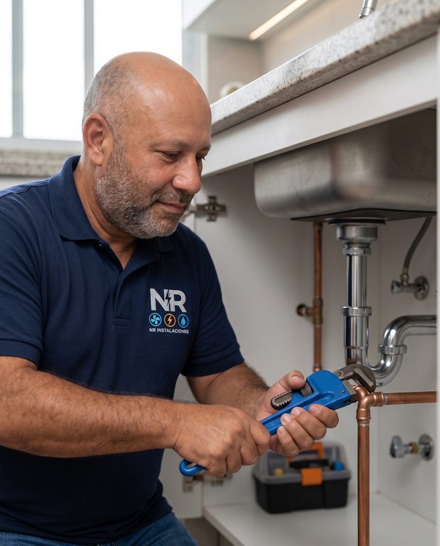 Técnico de NR Instalaciones reparando tubería de cobre bajo un fregadero